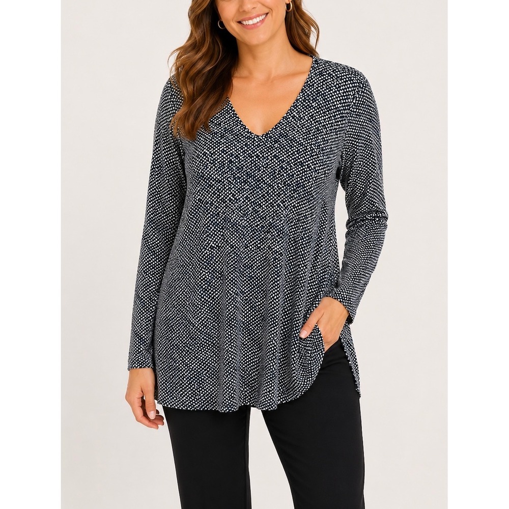 J. Jill Tunic Top Womens L Black Blue White Wearever V-Neck Long Sleeve Classic
